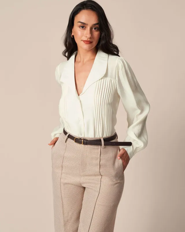 The Beige Collared Pleated Long Sleeve Shirt sold by rihoas