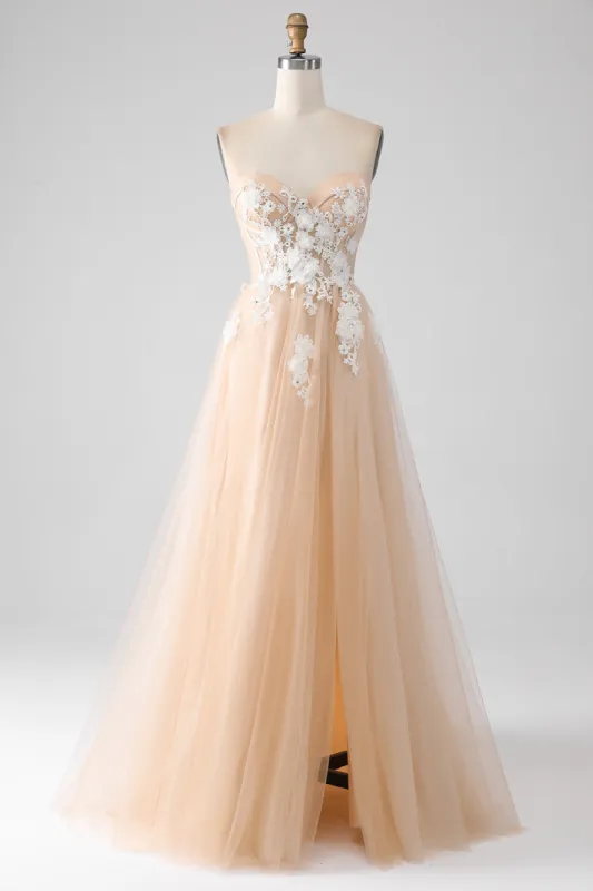 A-Line Champagne Strapless Corset Prom Dress with Appliques sold by Zapaka