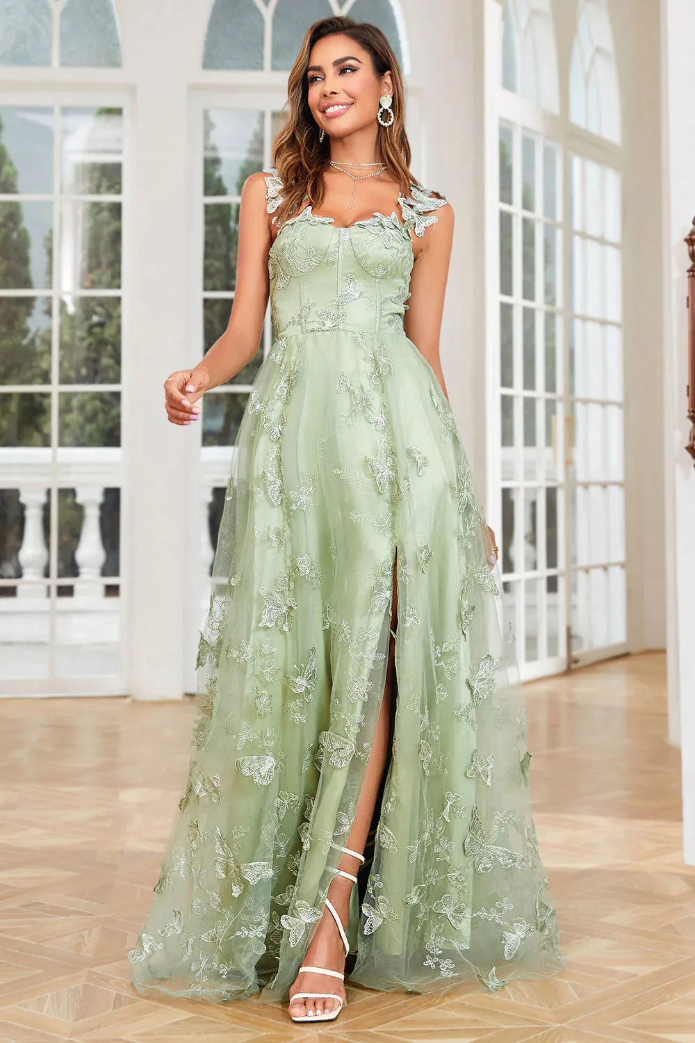 A Line Green Corset Long Tulle Prom Dress with 3D Butterflies Split Front sold by Zapaka