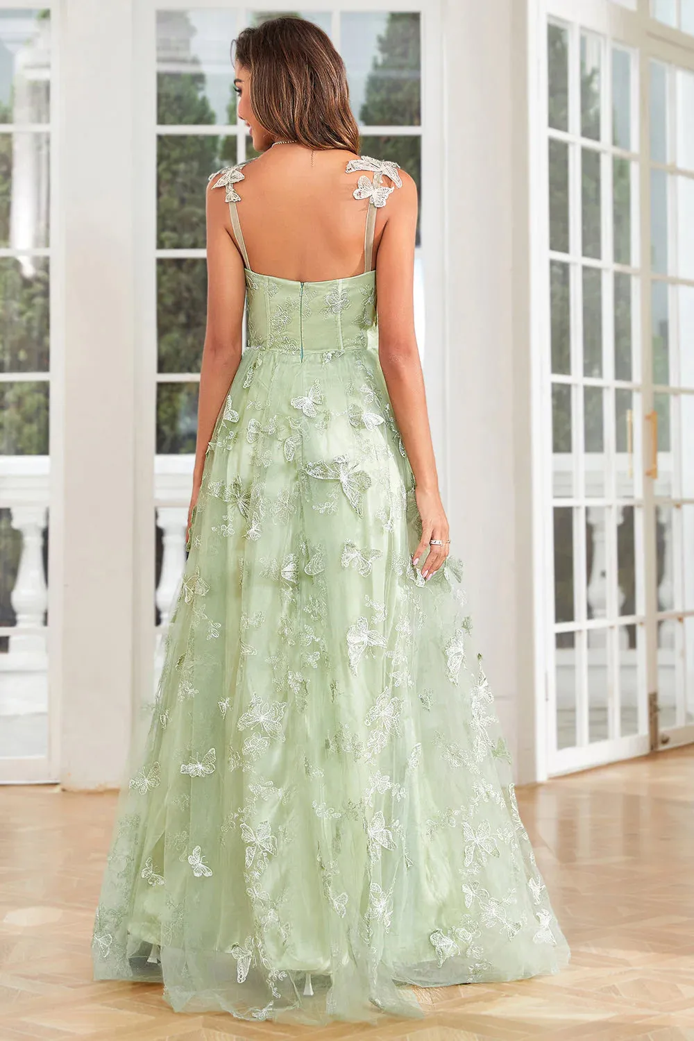 A Line Green Corset Long Tulle Prom Dress with 3D Butterflies Split Front sold by Zapaka product image thumbnail 3