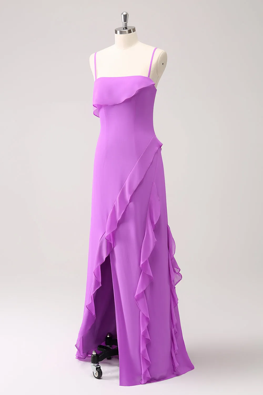 Tahiti Ruffle Spaghetti Straps Chiffon Long Bridesmaid Dress with Slit sold by Zapaka product image thumbnail 3