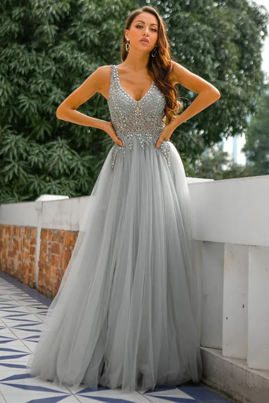 Grey V Neck Beaded Long Prom Dress sold by Zapaka