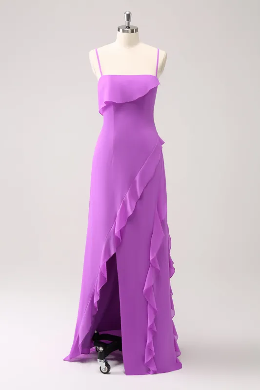 Tahiti Ruffle Spaghetti Straps Chiffon Long Bridesmaid Dress with Slit sold by Zapaka