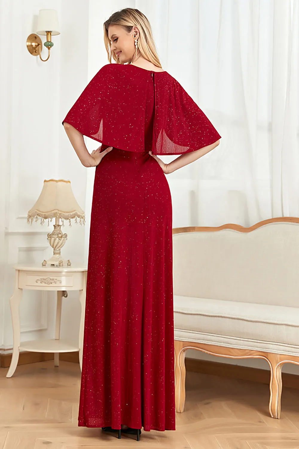 Glitter V-Neck Burgundy Mother of the Bride Dress with Cape sold by Zapaka product image thumbnail 2