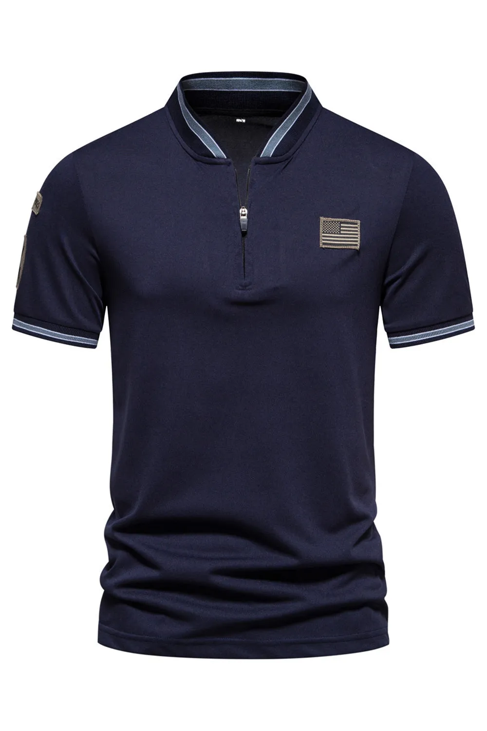 Navy Short Sleeves Zipper Cotton Men's Polo Shirt sold by Zapaka