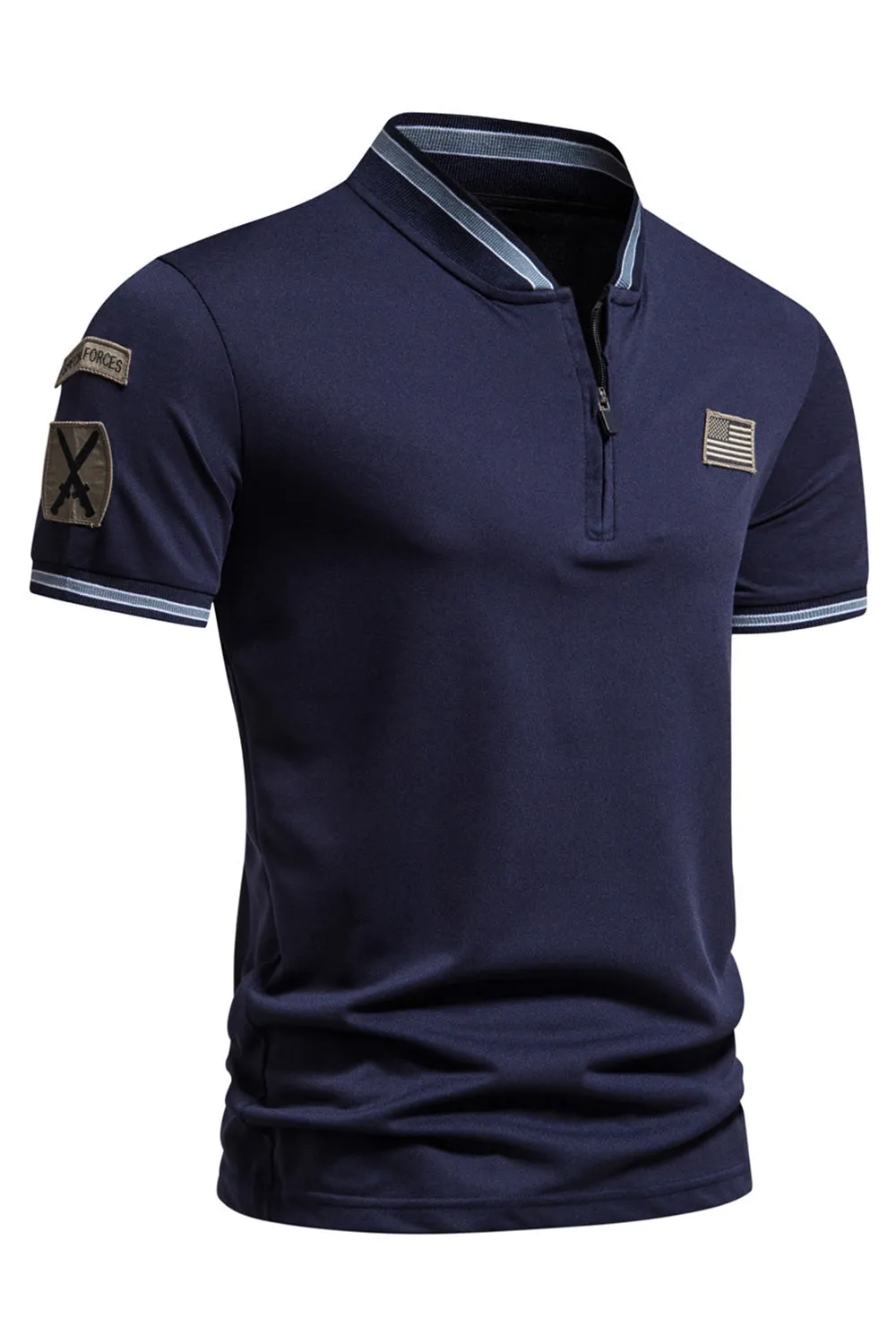 Navy Short Sleeves Zipper Cotton Men's Polo Shirt sold by Zapaka product image thumbnail 3