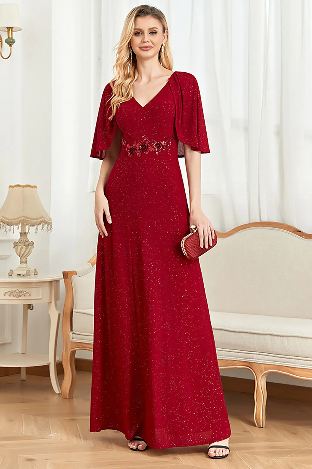 Glitter V-Neck Burgundy Mother of the Bride Dress with Cape sold by Zapaka product image thumbnail 3