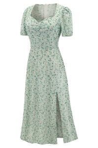 Light Green Floral 1950s Vintage Dress with Sleeves sold by Zapaka