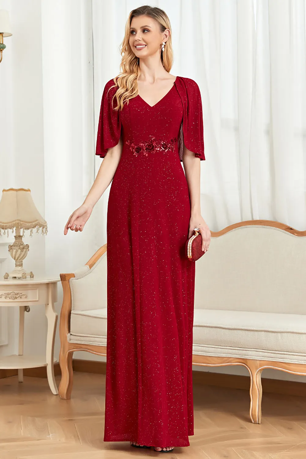 Glitter V-Neck Burgundy Mother of the Bride Dress with Cape sold by Zapaka product image thumbnail 4