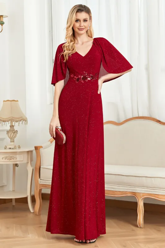 Glitter V-Neck Burgundy Mother of the Bride Dress with Cape made by Zapaka