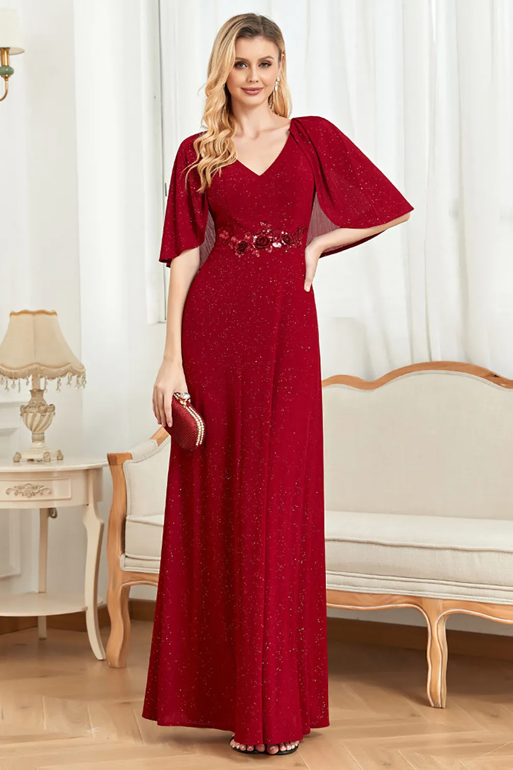 Glitter V-Neck Burgundy Mother of the Bride Dress with Cape sold by Zapaka