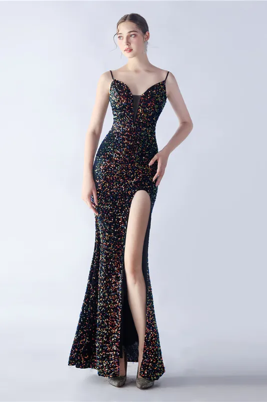 Glitter Mermaid Spaghetti Straps Beaded Symphony Black Formal Dress With Side Slit sold by Zapaka