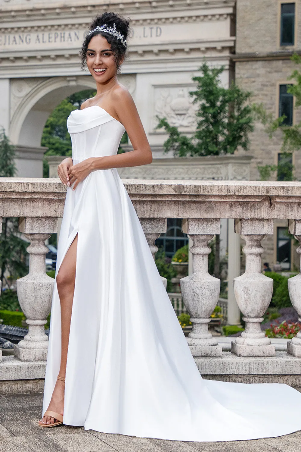 Elegant White A Line Strapless Pleated Sweep Train Corset Wedding Dress With Slit sold by Zapaka