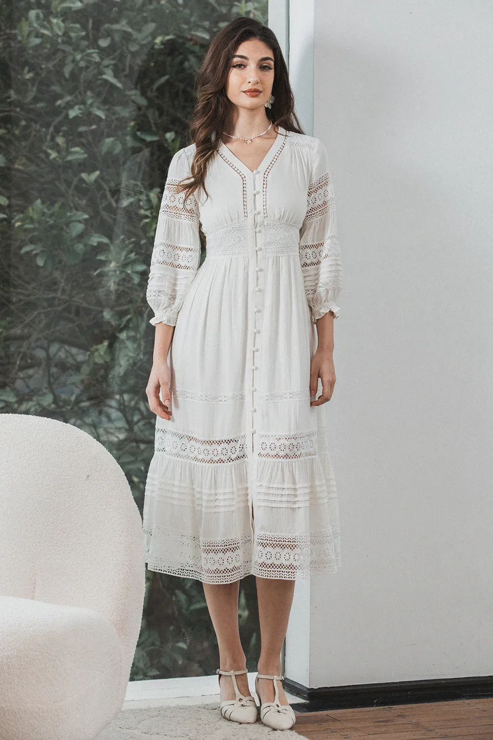 Tea-Length Lace Elegant White Graduation Dress with Long Sleeves sold by Zapaka product image thumbnail 5