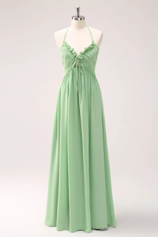 Light Green A Line Halter Backless Lace Up Long Bridesmaid Dress sold by Zapaka