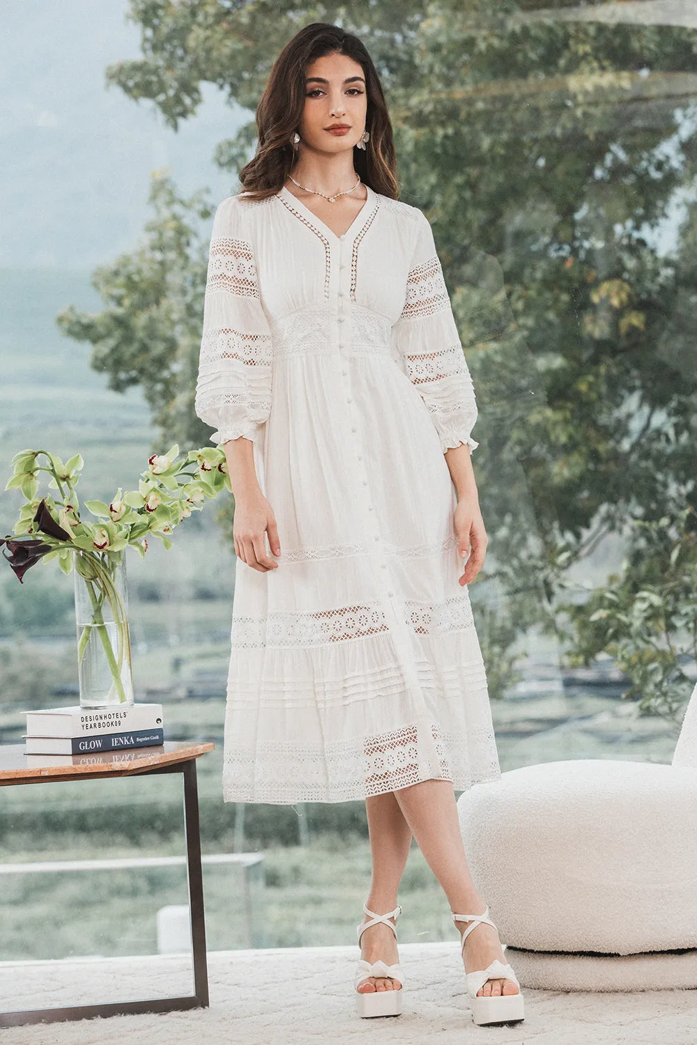 Tea-Length Lace Elegant White Graduation Dress with Long Sleeves sold by Zapaka product image thumbnail 3