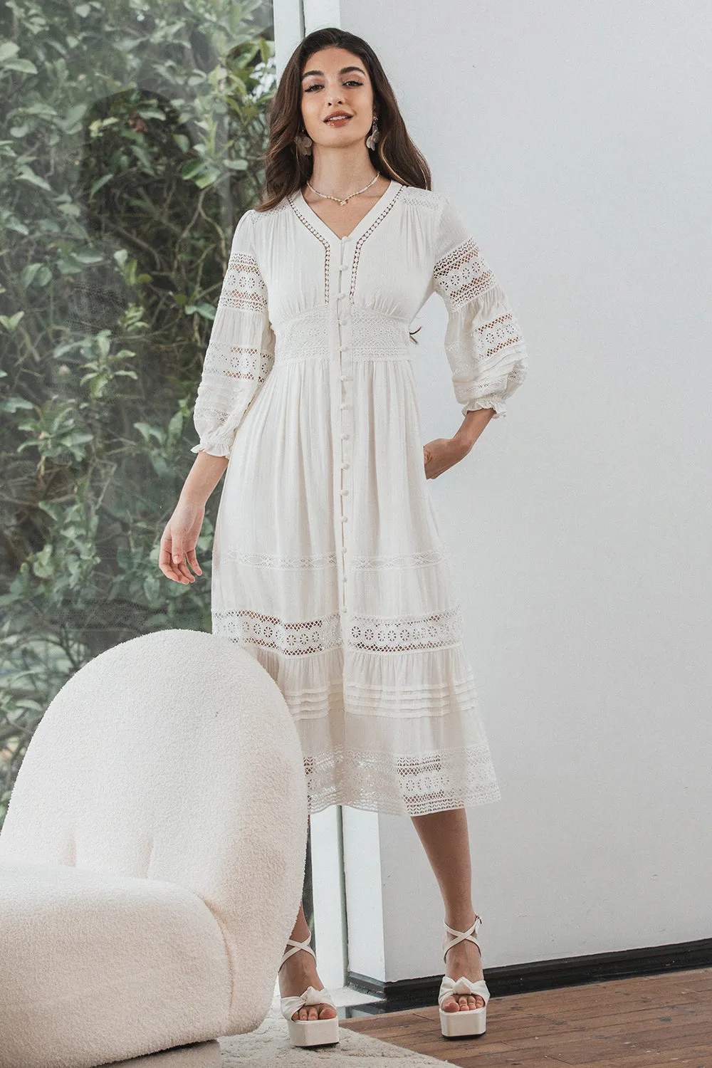 Tea-Length Lace Elegant White Graduation Dress with Long Sleeves sold by Zapaka