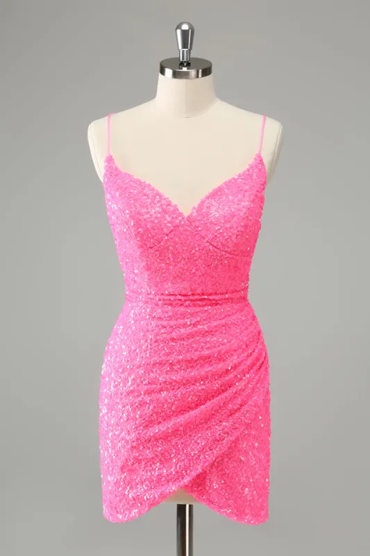 Glitter Hot Pink Tight Spaghetti Straps Sequins Short Homecoming Dress sold by Zapaka