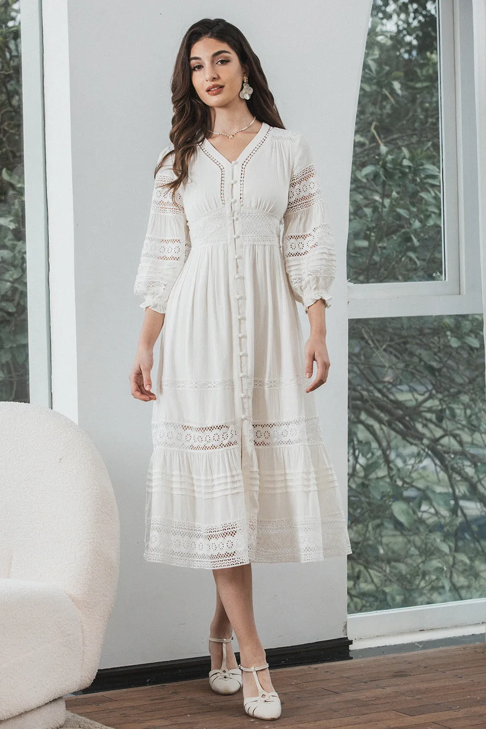 Tea-Length Lace Elegant White Graduation Dress with Long Sleeves sold by Zapaka product image thumbnail 4