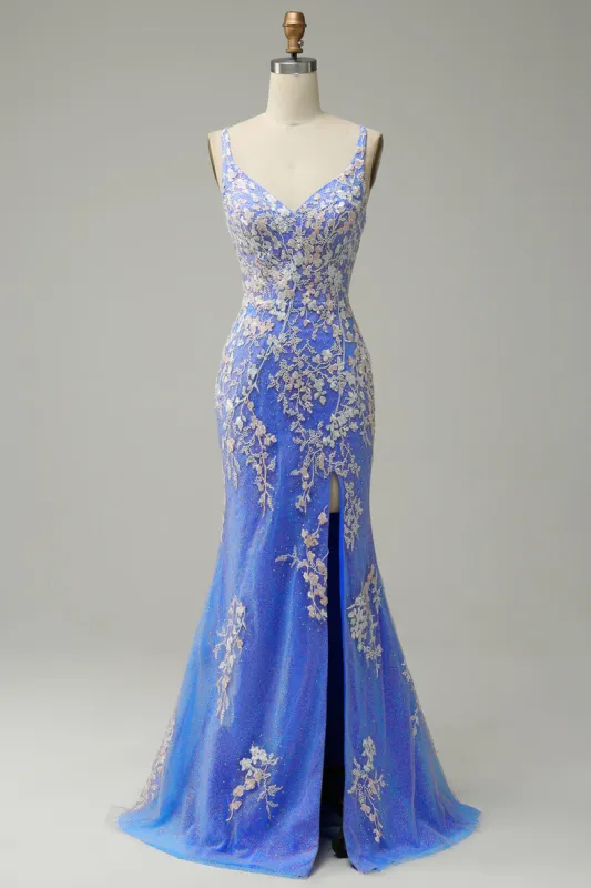 Mermaid V Neck Light Blue Long Prom Dress with Appliques Beading sold by Zapaka