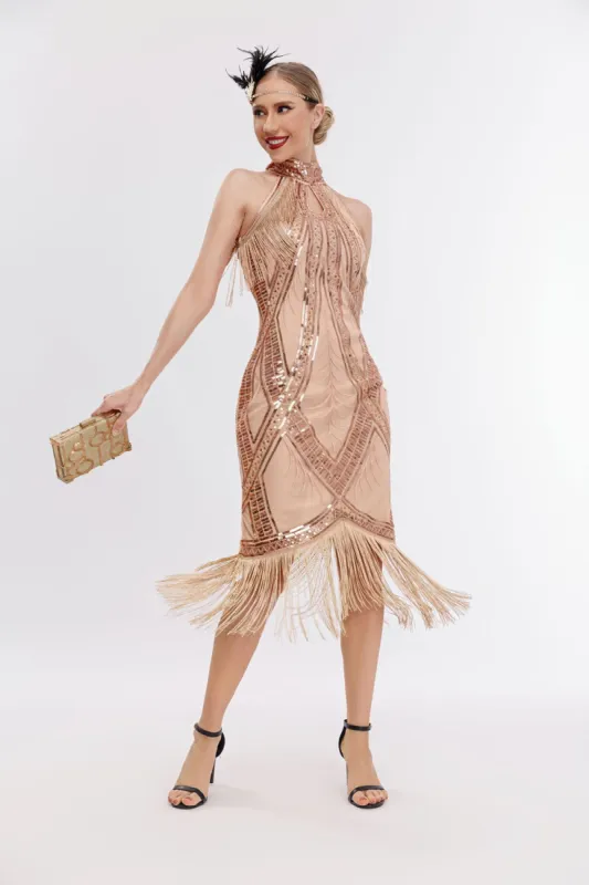 Glitter Halter Fringes Gatsby Dress with Sleeveless sold by Zapaka