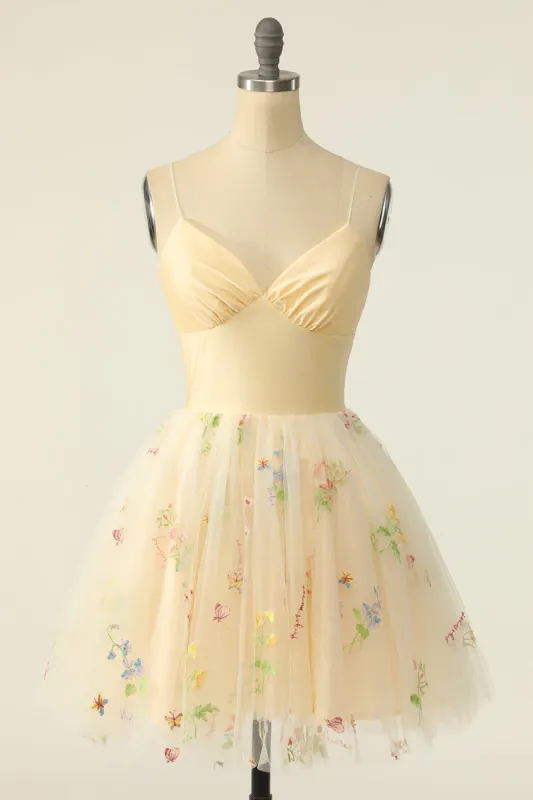 Champagne Tulle Spaghetti Straps A-line Homecoming Dress with Embroidery sold by Zapaka
