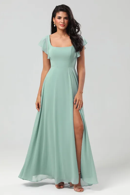 Green Square Neck Chiffon Bridesmaid Dress with Ruffles sold by Zapaka
