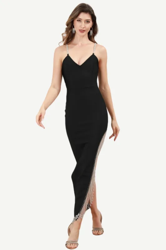 Spaghetti Straps Black Party Dress with Fringes sold by Zapaka
