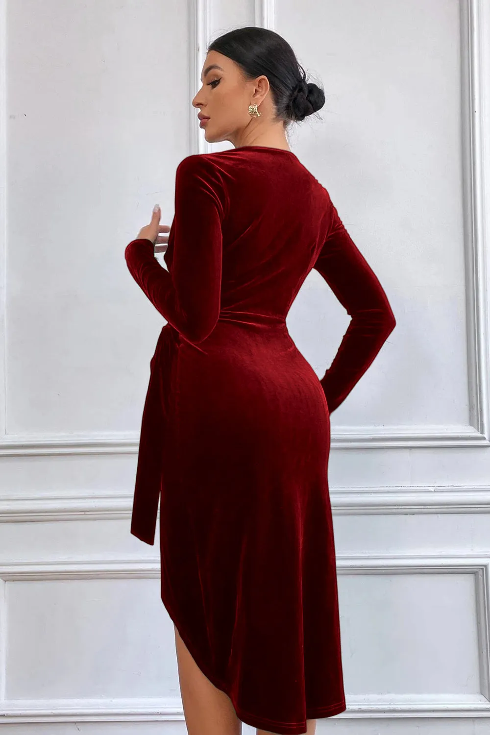 Burgundy Velvet Wrap Long Sleeves Cocktail Dress sold by Zapaka product image thumbnail 2