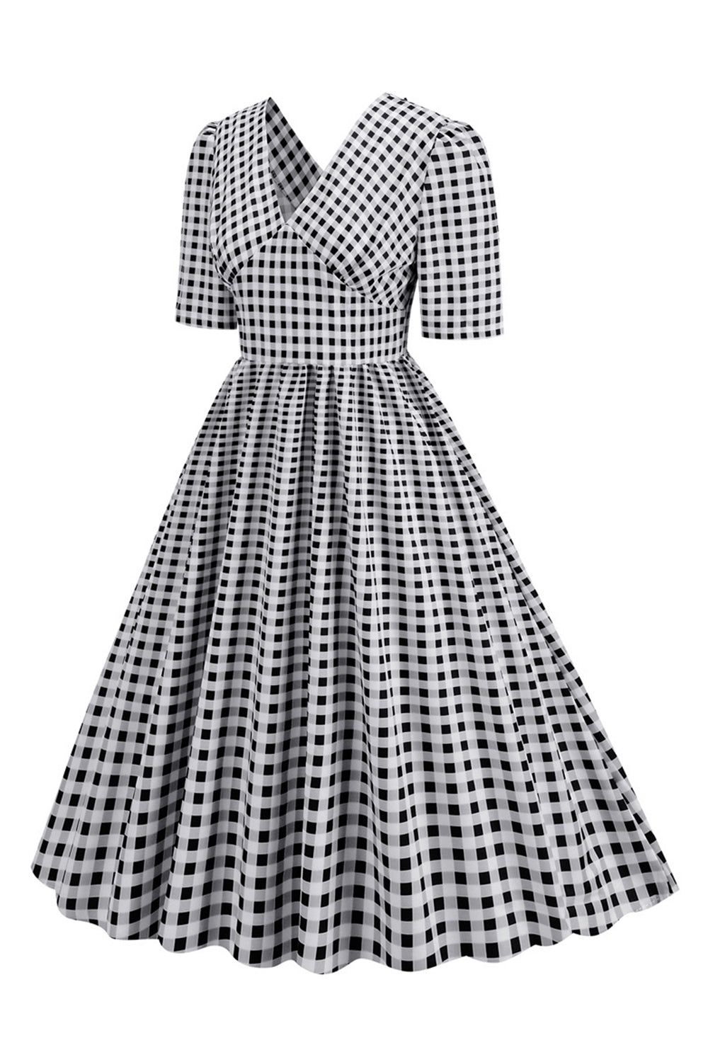 Plaid V-neck Swing 1950s Dress with Short Sleeves sold by Zapaka product image thumbnail 3