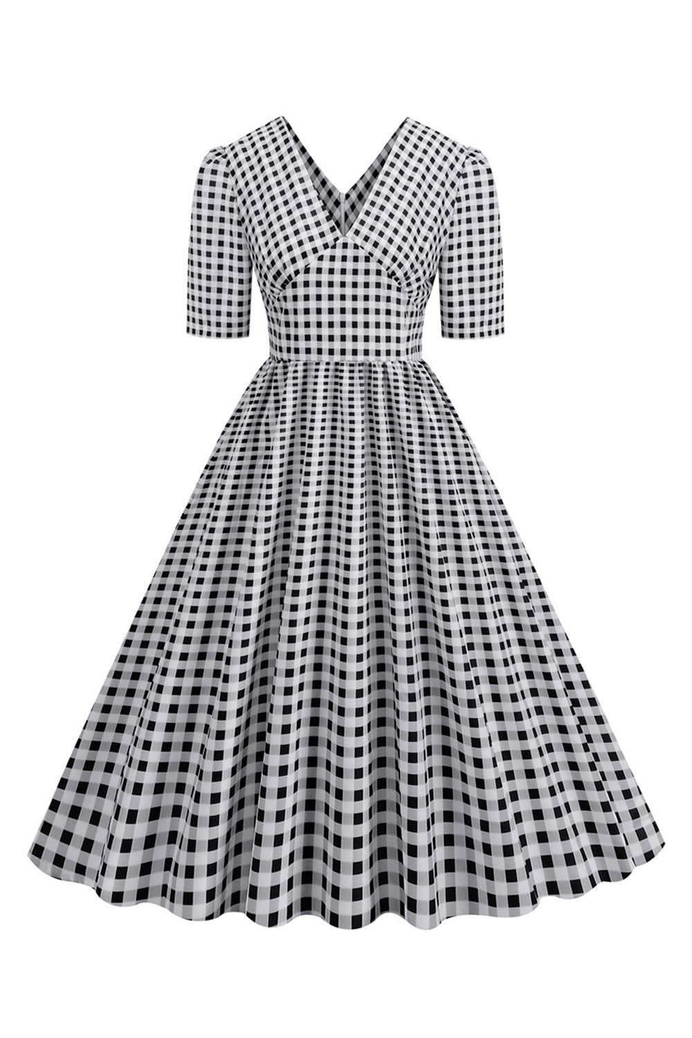Plaid V-neck Swing 1950s Dress with Short Sleeves sold by Zapaka