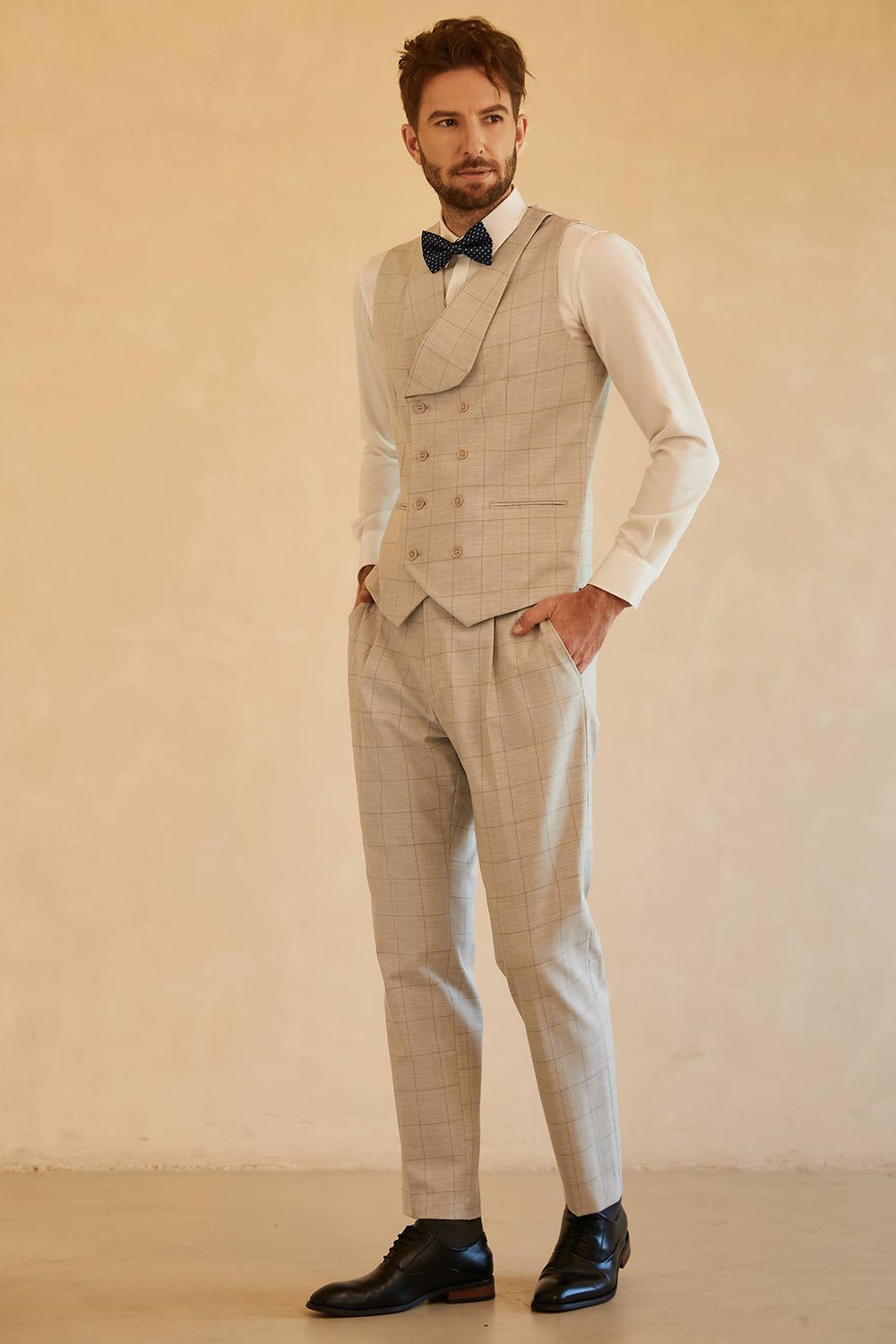 Ivory Single Breasted Plaid Peak Lapel 3 Piece Men's Suits sold by Zapaka product image thumbnail 3