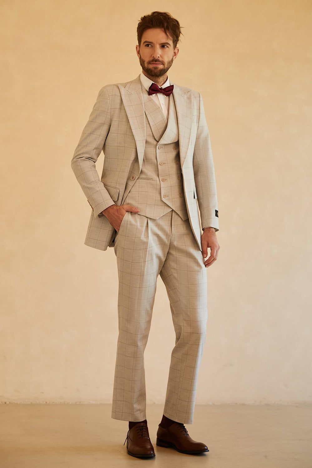 Ivory Single Breasted Plaid Peak Lapel 3 Piece Men's Suits sold by Zapaka