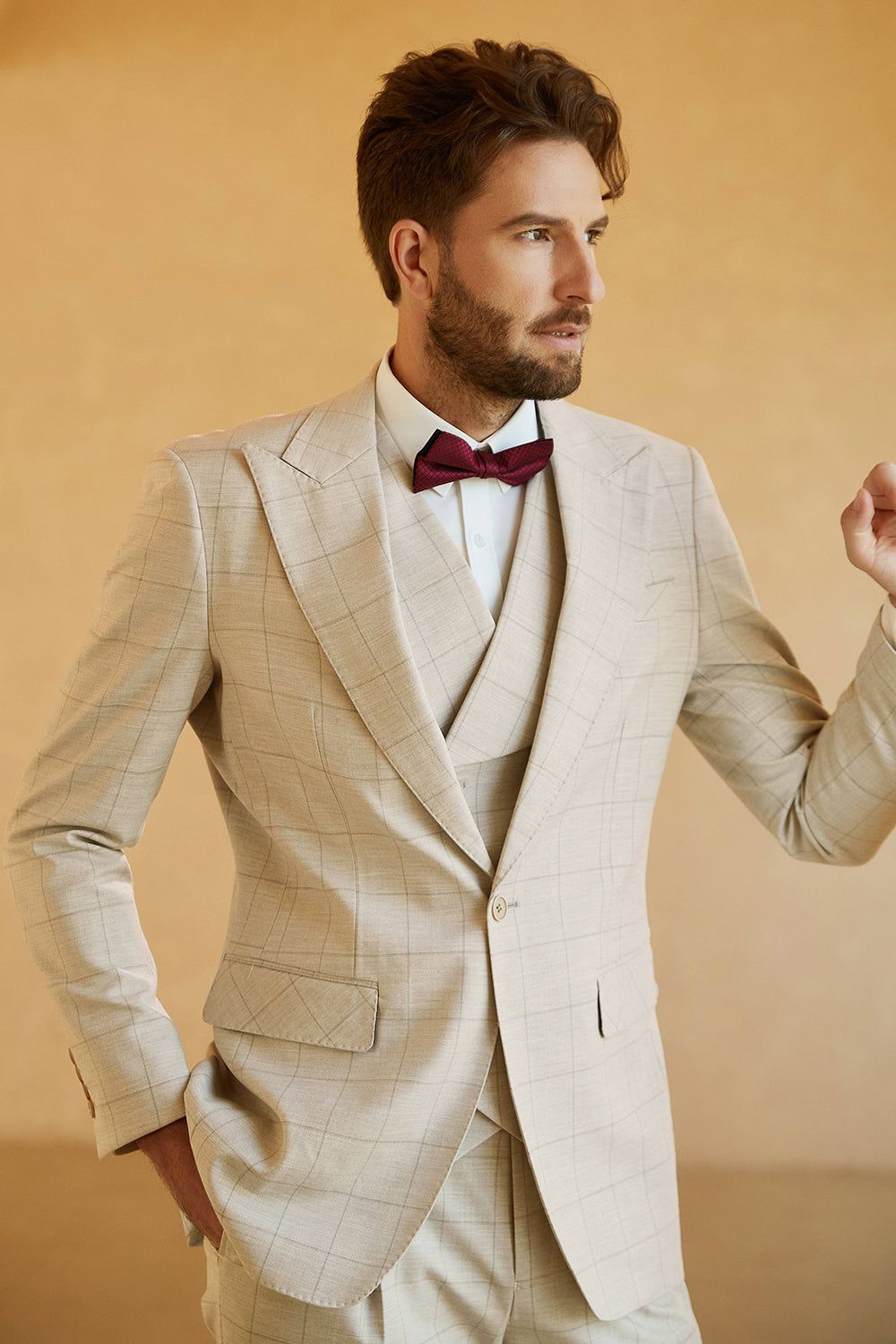 Ivory Single Breasted Plaid Peak Lapel 3 Piece Men's Suits sold by Zapaka product image thumbnail 7