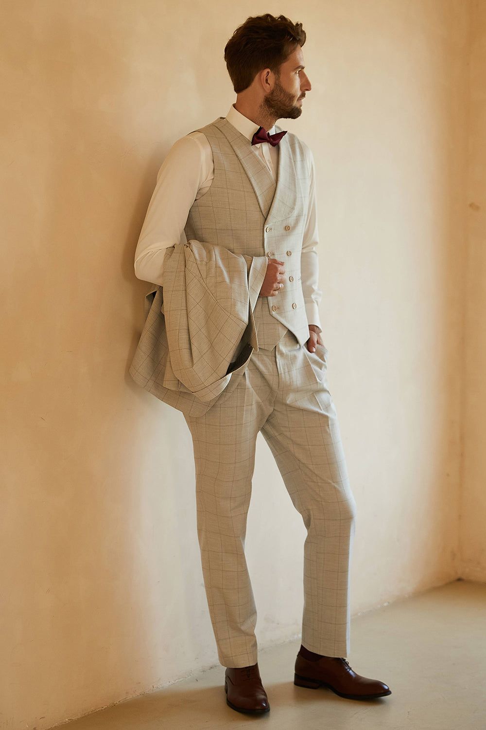 Ivory Single Breasted Plaid Peak Lapel 3 Piece Men's Suits sold by Zapaka product image thumbnail 4