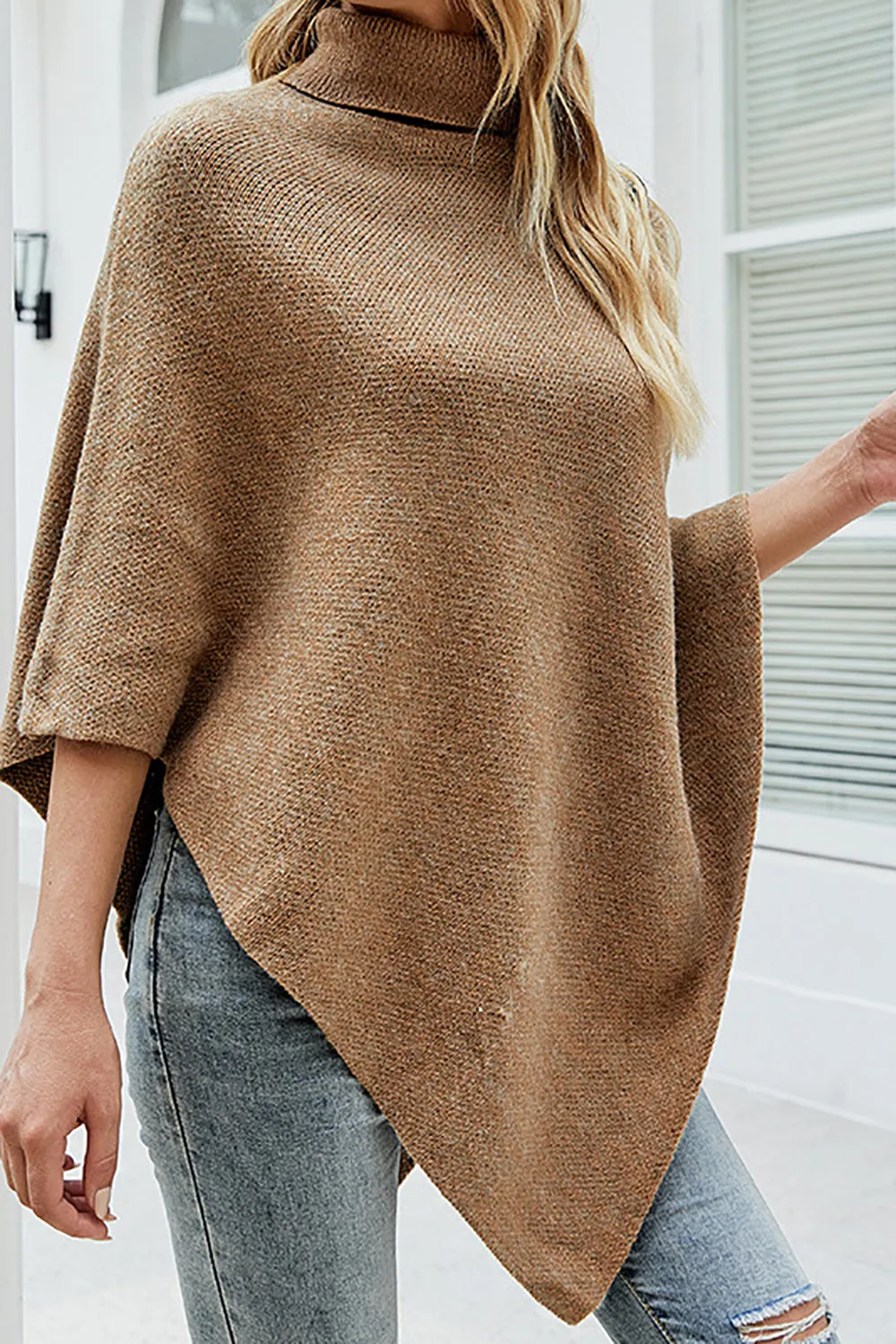 Khaki Mock Neck Asymmetrical Poncho Sweater sold by Zapaka product image thumbnail 3