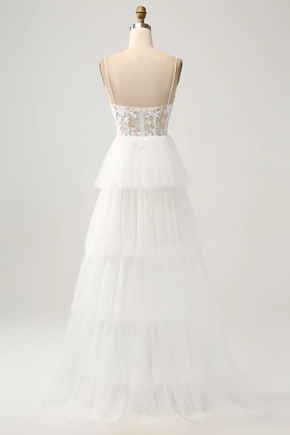 Ivory A-Line Tulle Tiered Corset Long Wedding Dress with Slit sold by Zapaka product image thumbnail 2