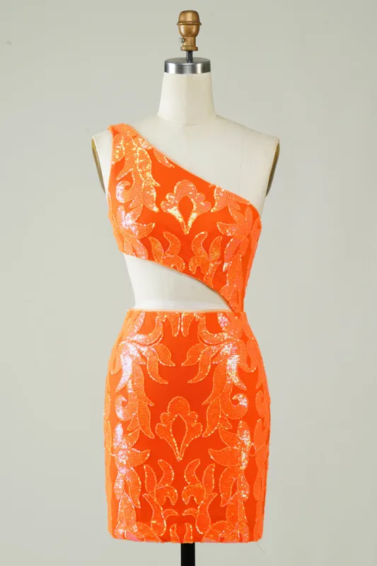 Orange One Shoulder Glitter Homecoming Dress with Hollow-out sold by Zapaka