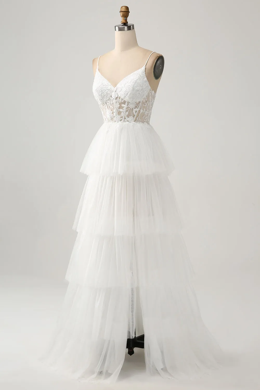 Ivory A-Line Tulle Tiered Corset Long Wedding Dress with Slit sold by Zapaka product image thumbnail 3