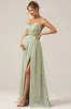 Dusty Sage A-Line Spaghetti Straps Chiffon Long Bridesmaid Dress with Slit sold by Zapaka