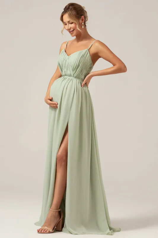 Dusty Sage A-Line Spaghetti Straps Chiffon Long Bridesmaid Dress with Slit sold by Zapaka