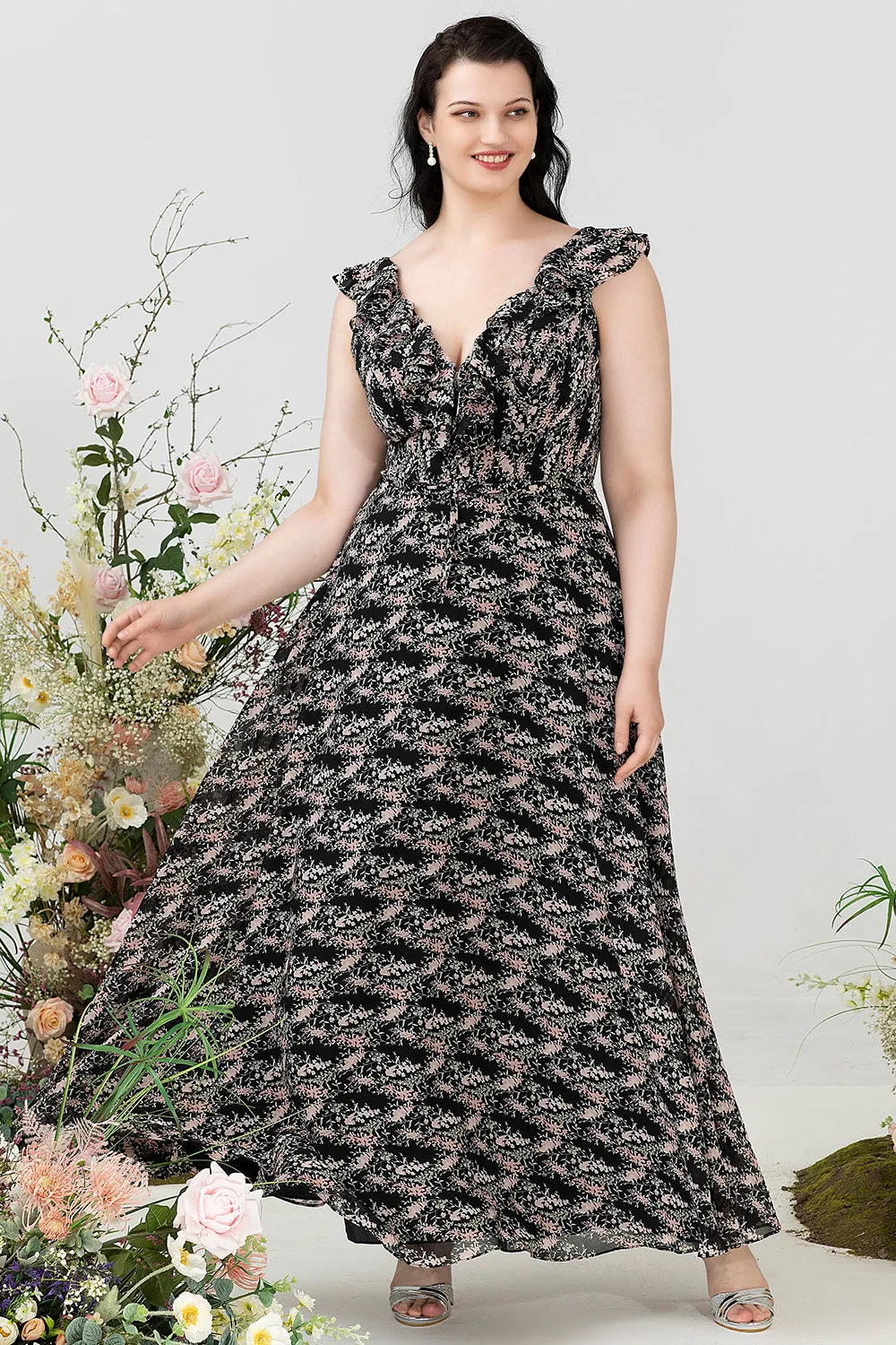 A Line V Neck Black Plus Size Bridesmaid Dress with Ruffles sold by Zapaka product image thumbnail 5