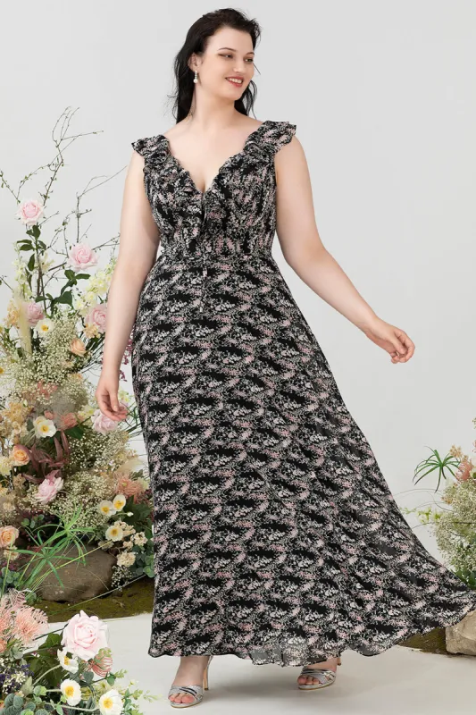 A Line V Neck Black Plus Size Bridesmaid Dress with Ruffles sold by Zapaka