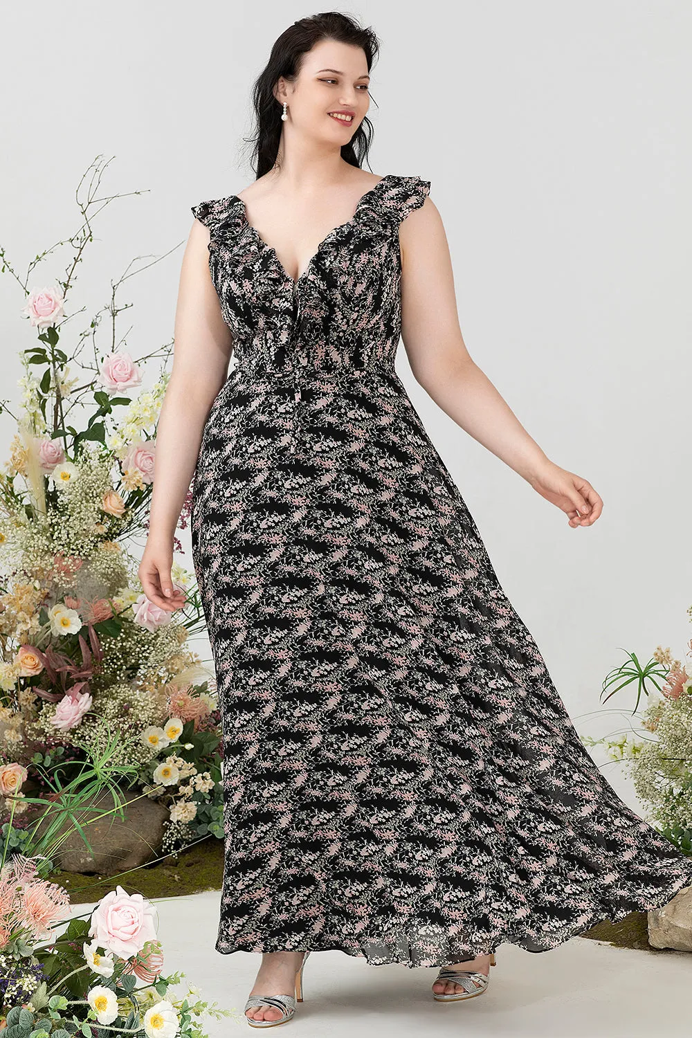 A Line V Neck Black Plus Size Bridesmaid Dress with Ruffles sold by Zapaka