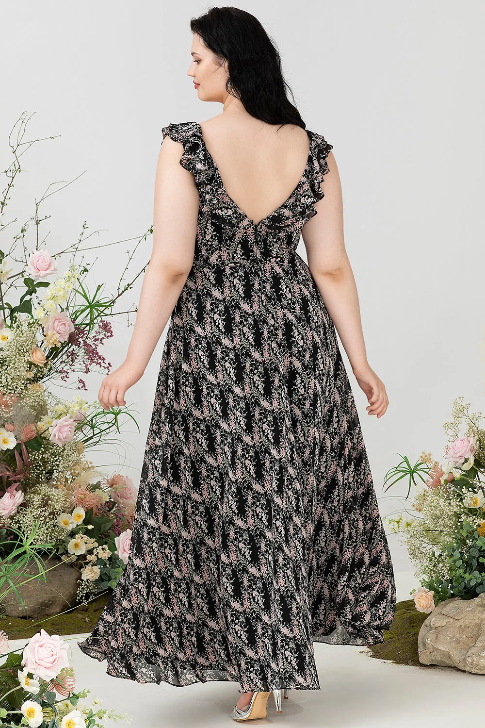 A Line V Neck Black Plus Size Bridesmaid Dress with Ruffles sold by Zapaka product image thumbnail 2