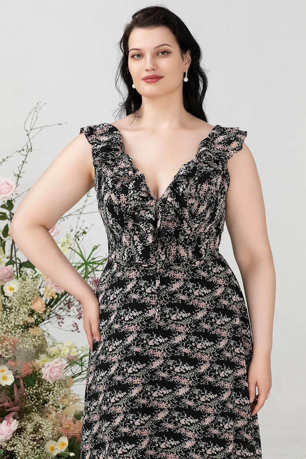 A Line V Neck Black Plus Size Bridesmaid Dress with Ruffles sold by Zapaka product image thumbnail 4