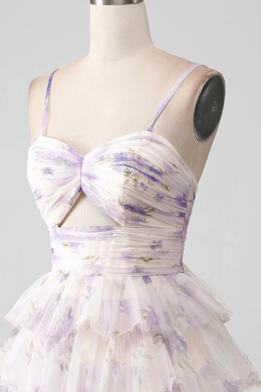 Lavender Flower A Line Spaghetti Straps Tiered Pleated Short Homecoming Dress sold by Zapaka product image thumbnail 5