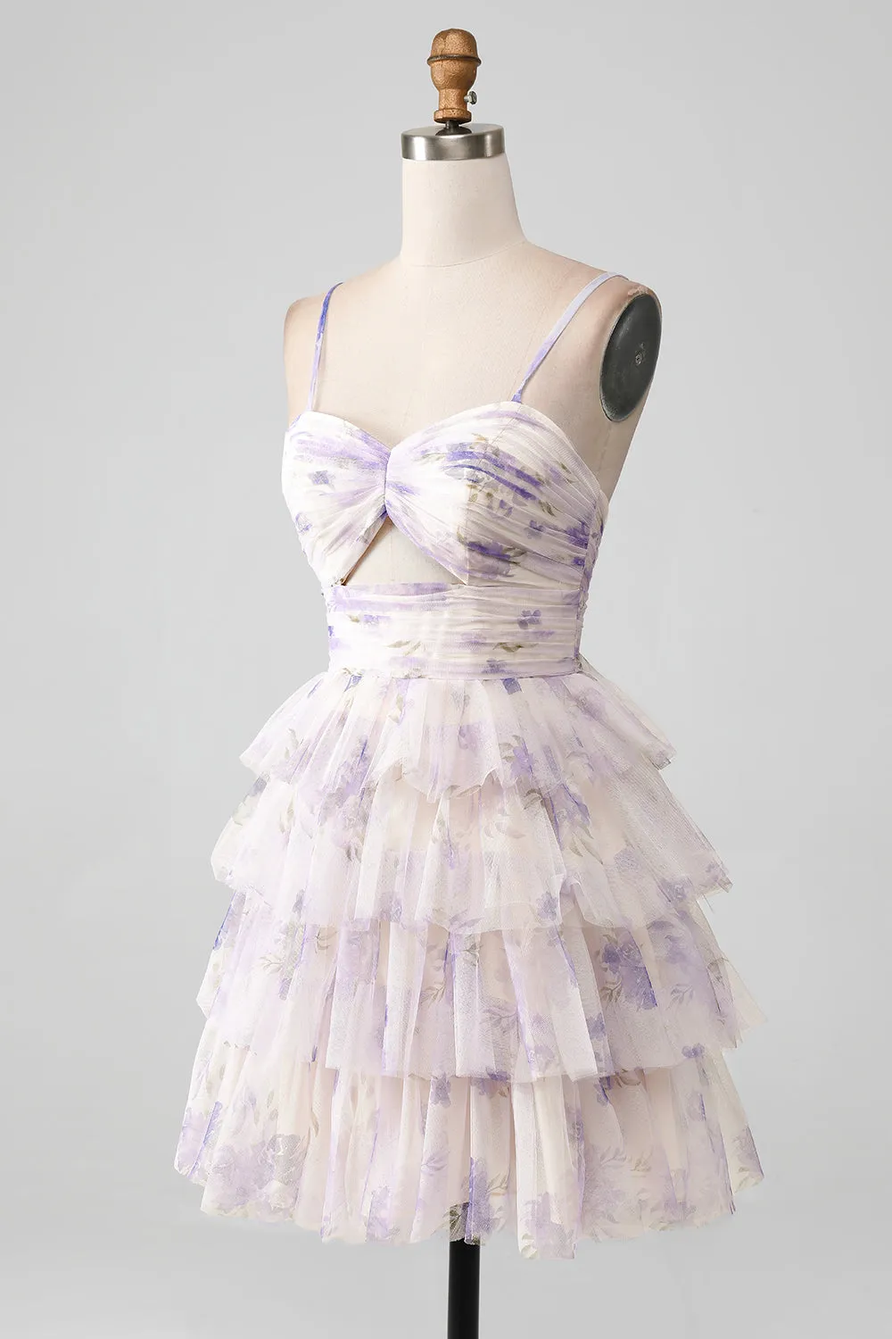 Lavender Flower A Line Spaghetti Straps Tiered Pleated Short Homecoming Dress sold by Zapaka product image thumbnail 3