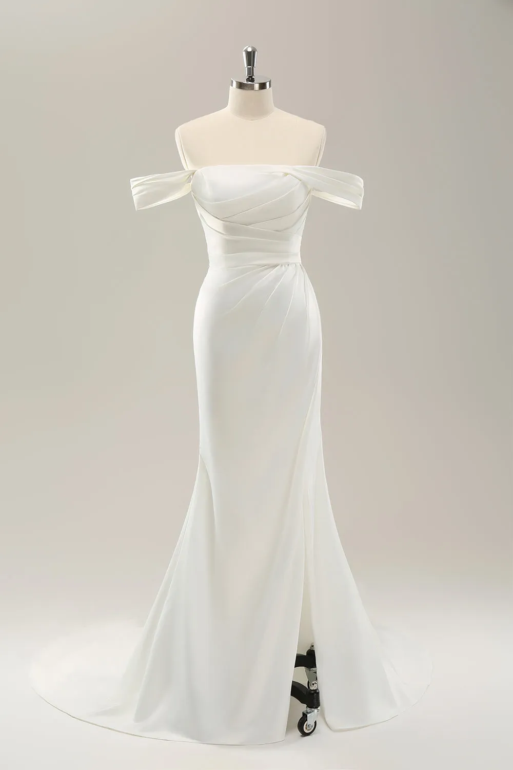 White Mermaid Off The Shoulder Pleated Satin Wedding Dress with Slit sold by Zapaka