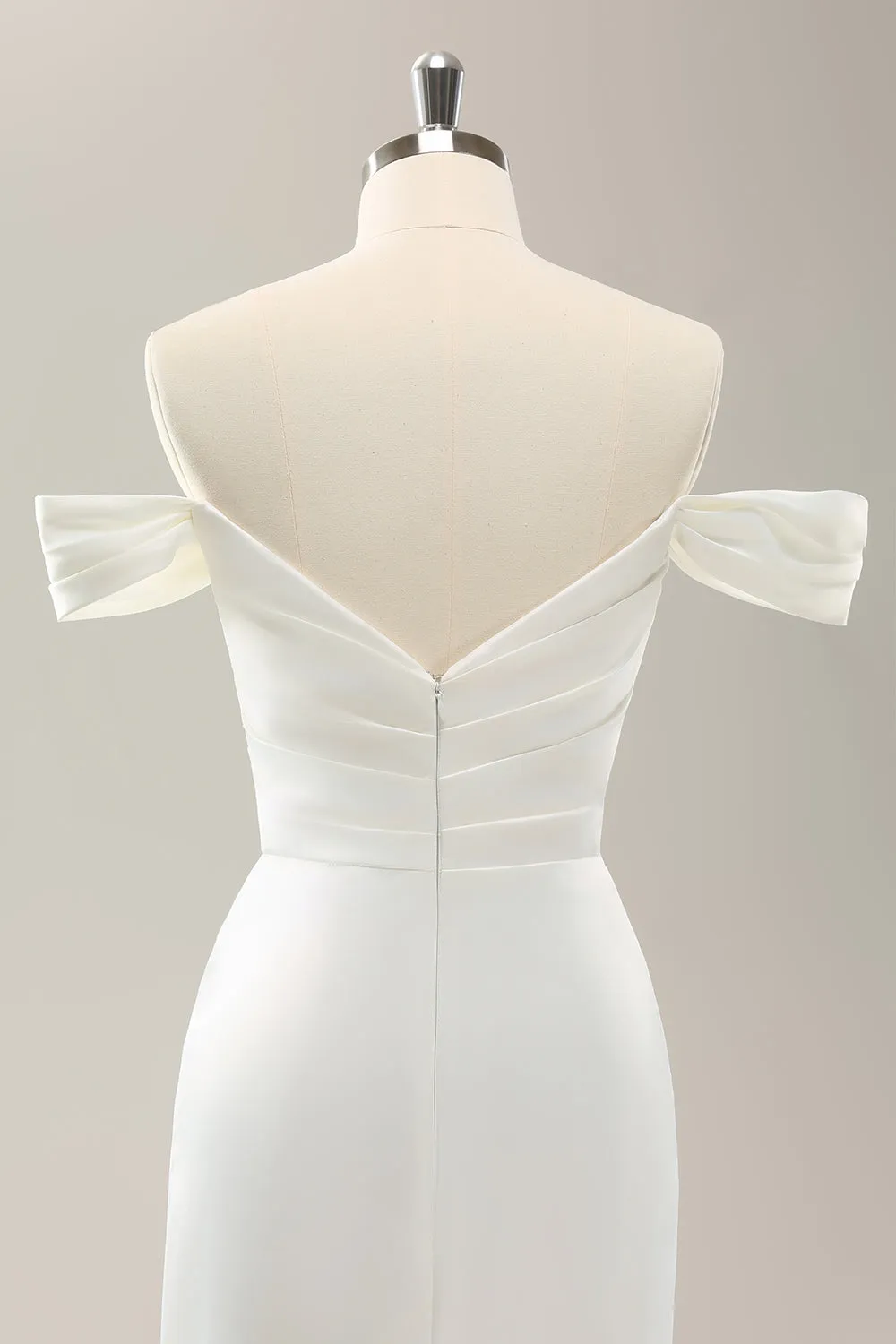 White Mermaid Off The Shoulder Pleated Satin Wedding Dress with Slit sold by Zapaka product image thumbnail 5